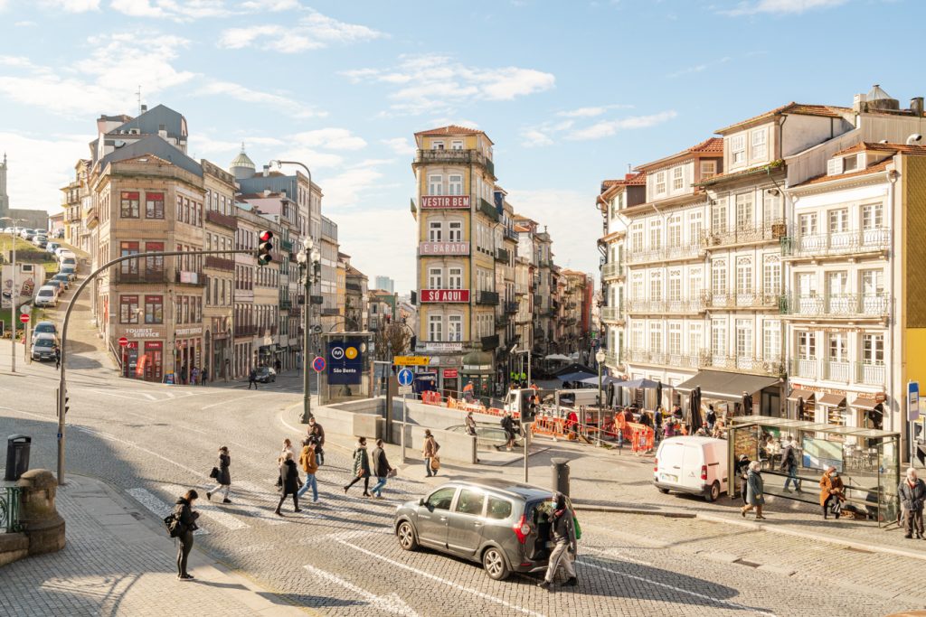 view of porto from the exit of the sao bento train station, the first thing you'll see on a day trip to porto from lisbon