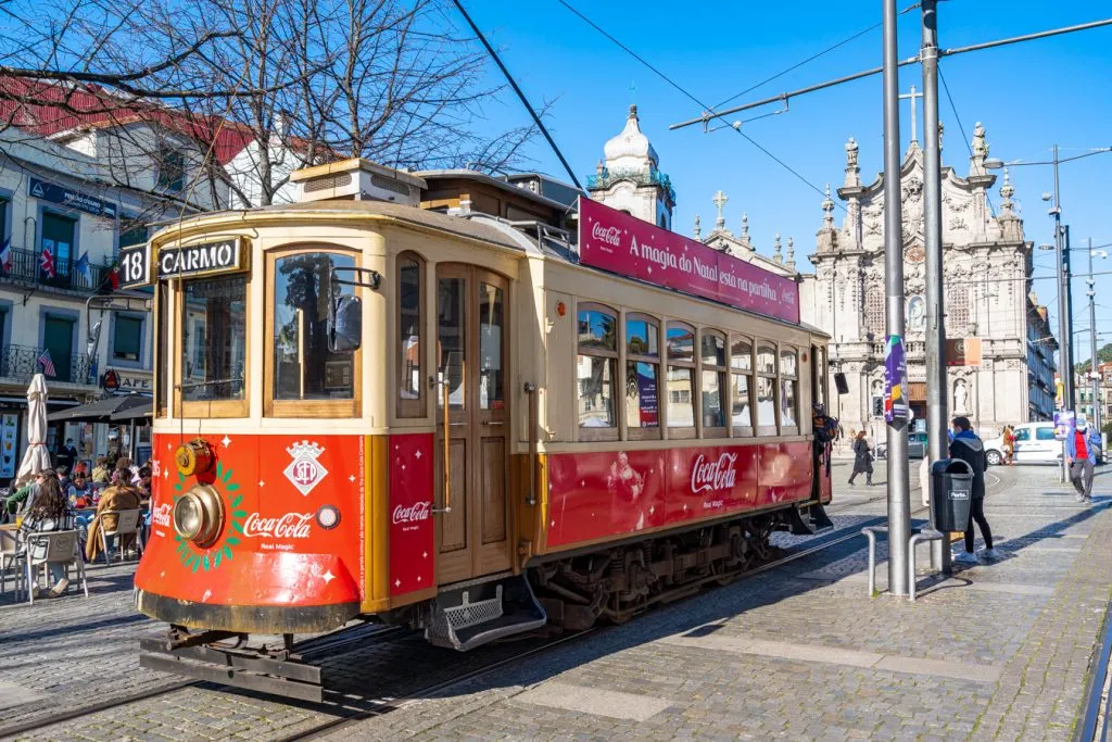 view of red tram in porto portugal