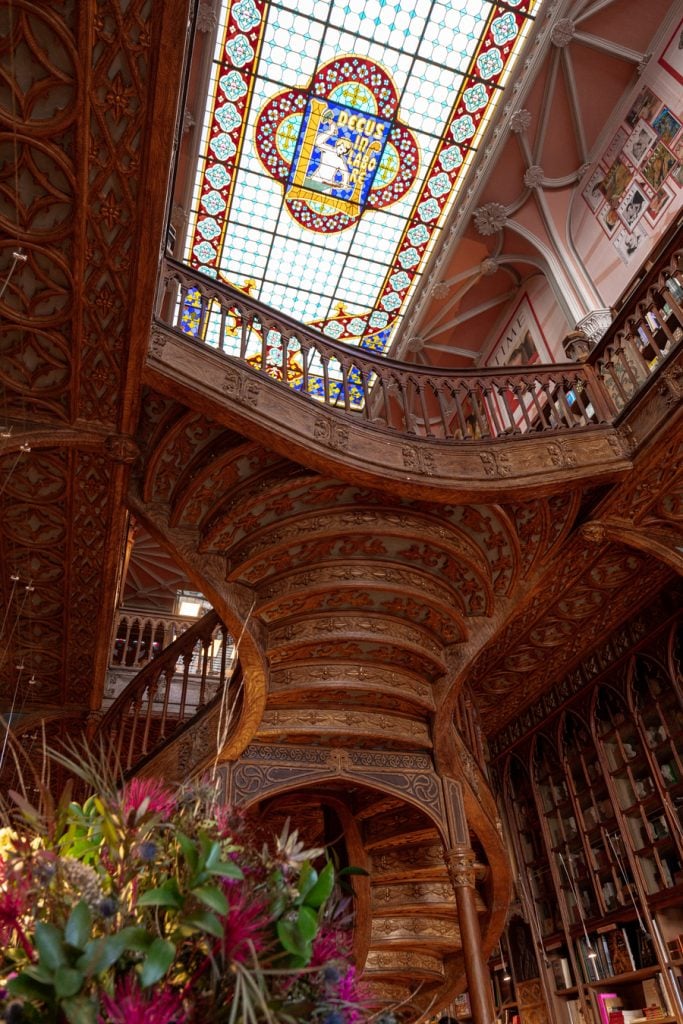 view of livraria lello harry potter bookstore porto portugal looking up