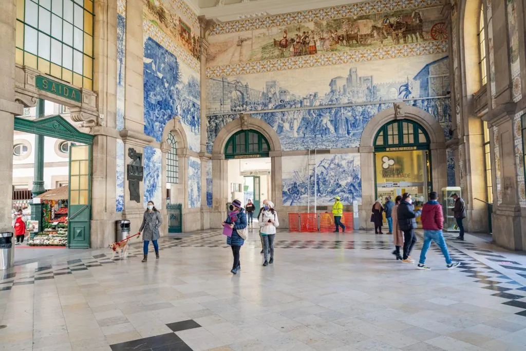 interior of sao bento train station azulejos, arrival point on train lisbon to porto portugal