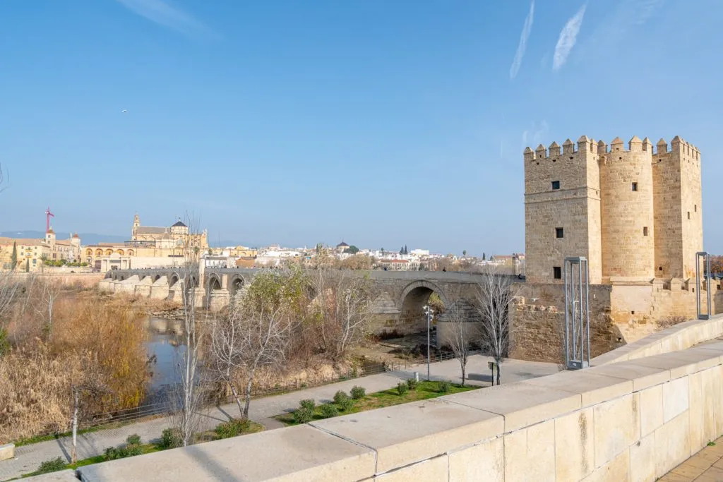 calahorra tower standing at the end of the roman bridge in cordoba spain