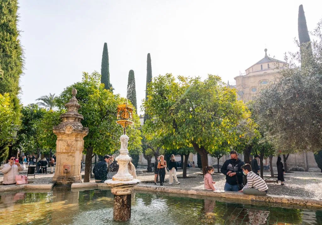 view of fountains and trees in lush patio de los naranjos in cordoba spain