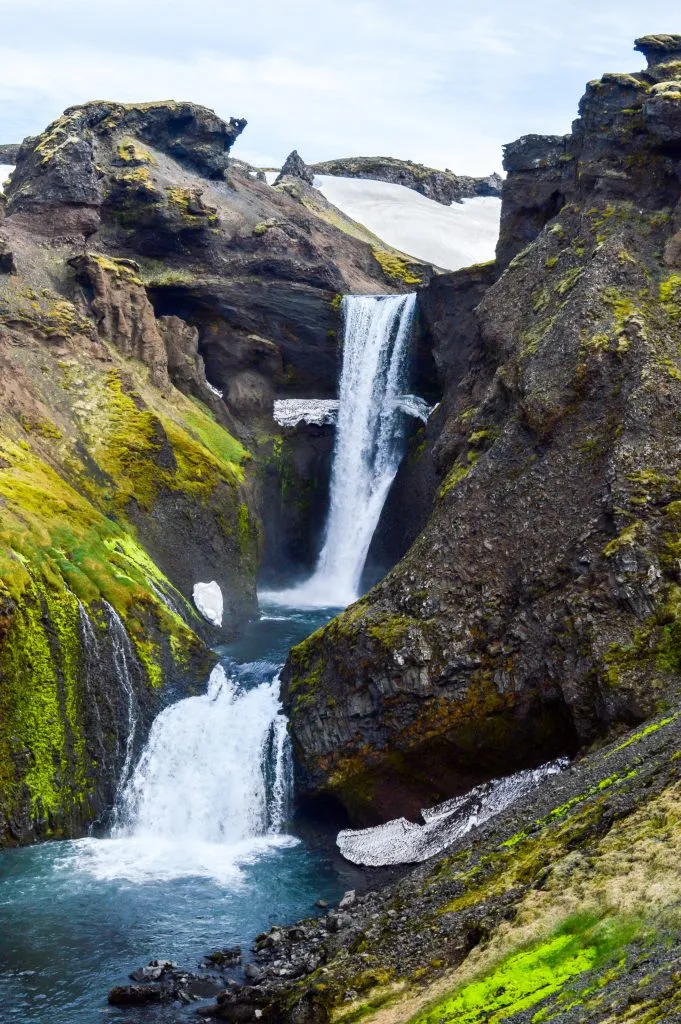 two cascading waterfalls along fimm trail, one of the best things to do in iceland attractions