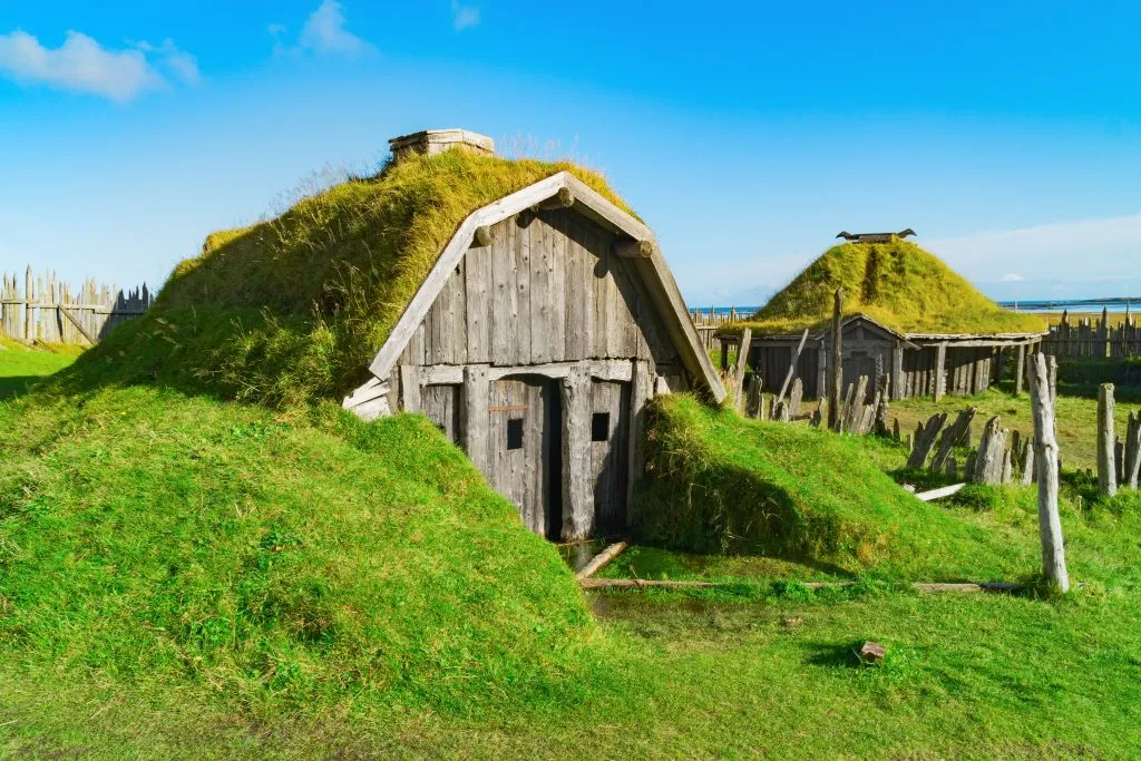 wooden viking style houses with grass roofs on sunny day in iceland