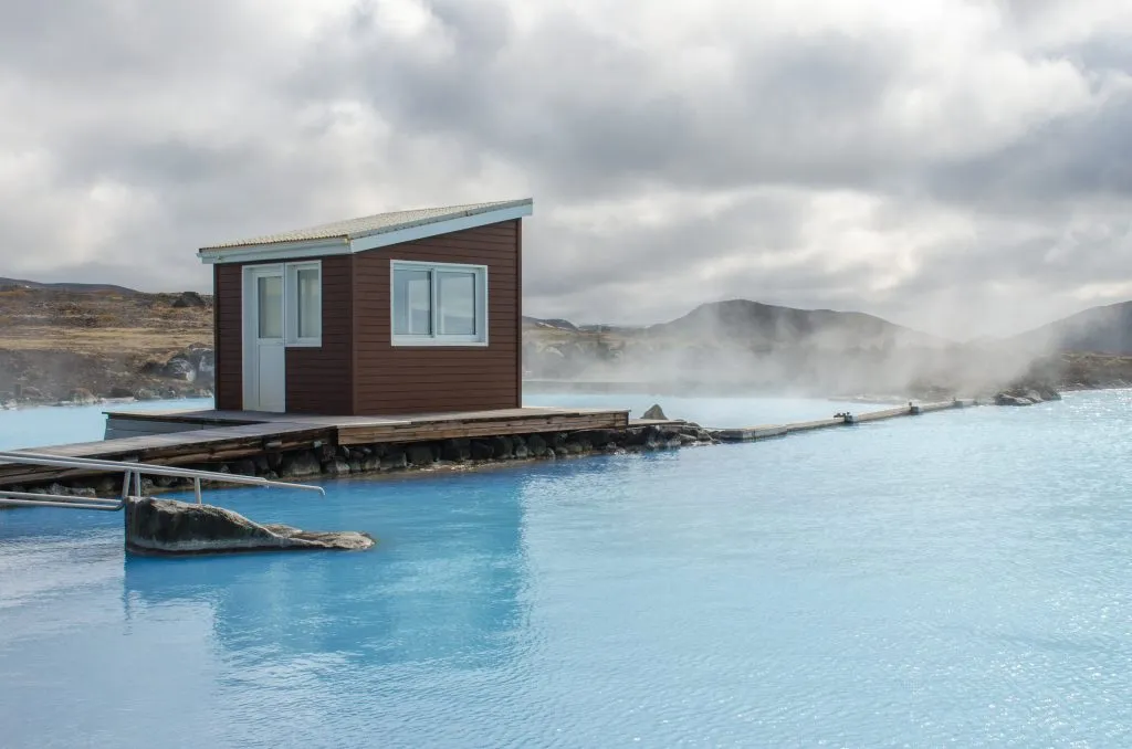 myvatn nature baths with small hut, blue lagoon of the north iceland