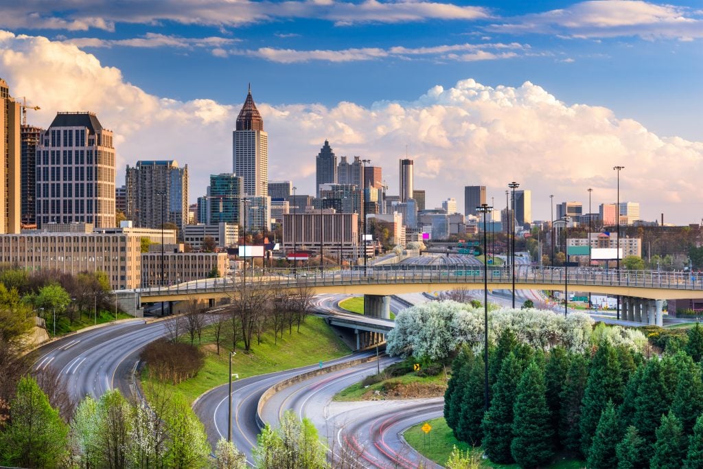 atlanta georgia skyline with winding roads in the foreground