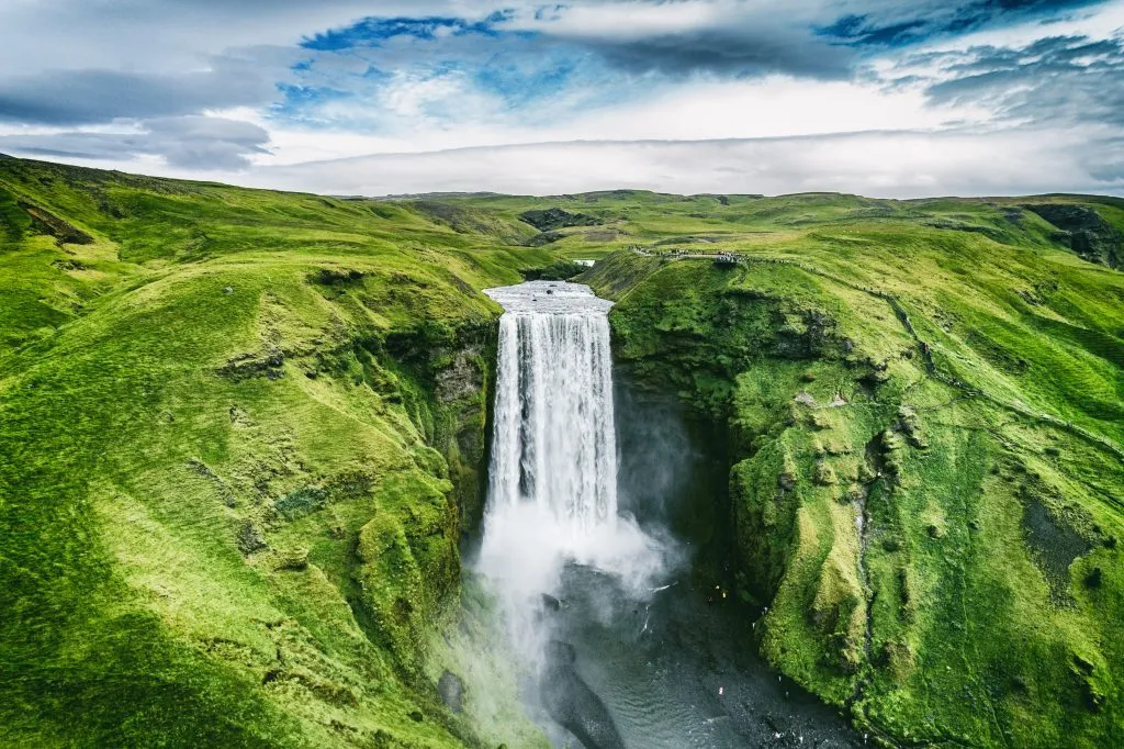 aerial view of skogafoss, one of the best attractions in iceland