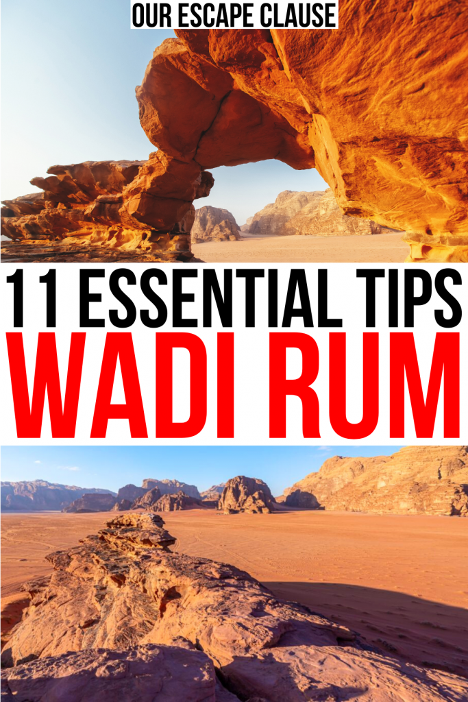 2 photos of valley of the moon formations, black and red text reads "11 essential tips wadi rum"