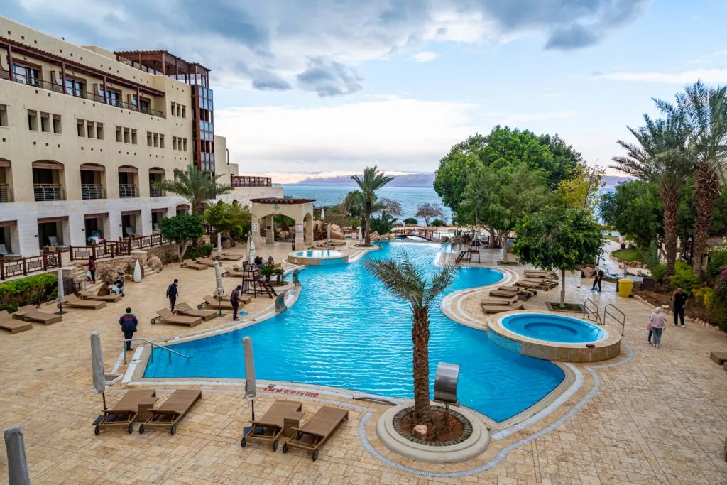 view of the dead sea marriott jordan pool from breakfast area