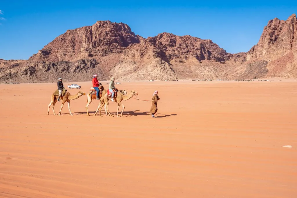 3 tourists on a wadi rum camel ride