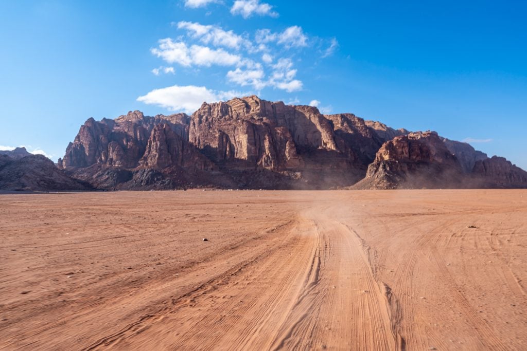 rock formations in wadi rum jordan on a sunny day
