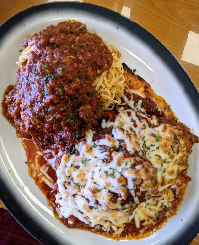 chicken parm with spaghetti at venice italian kitchen, italian restaurants in atlantic beach nc