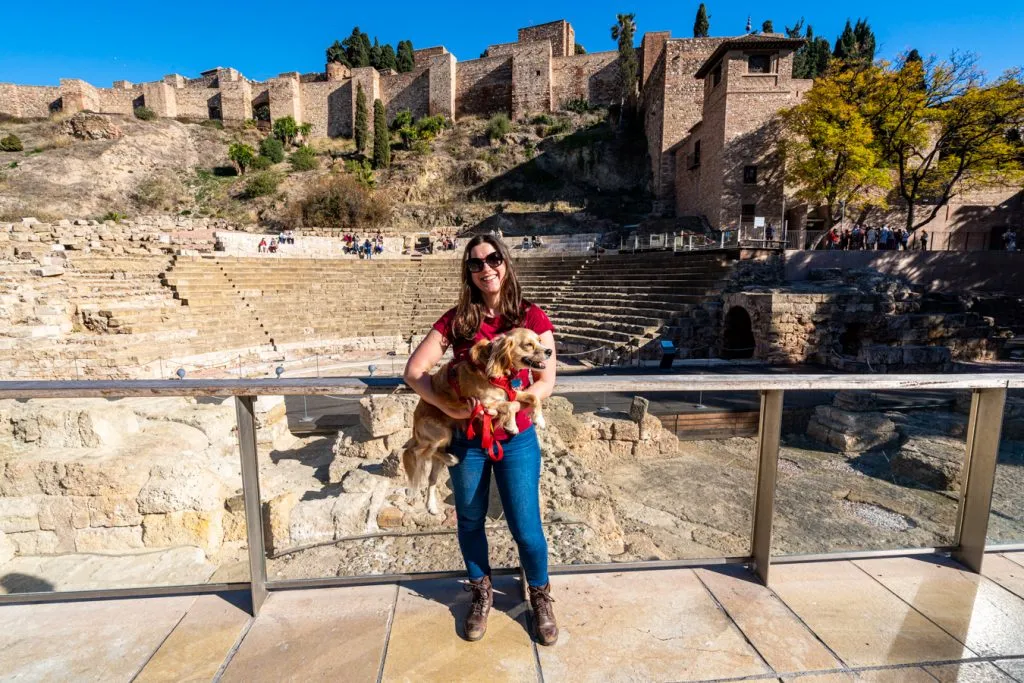 kate storm and ranger storm in front of roman theatre malaga spain