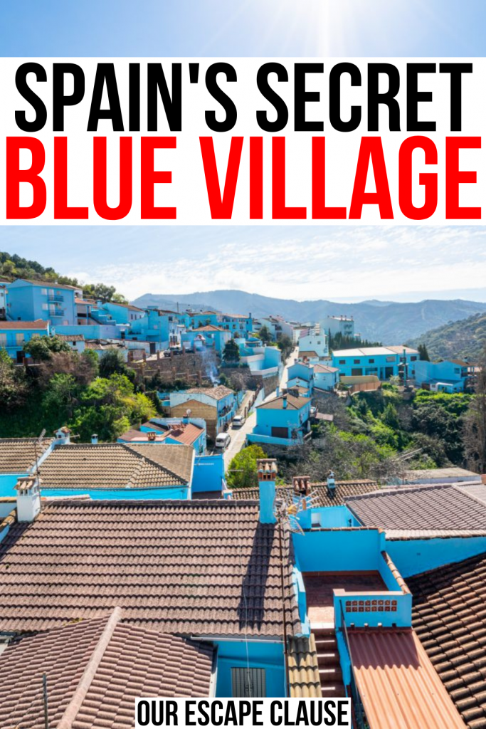 photo of juzcar spain from above, black and red text overlay reads "spain's secret blue village"