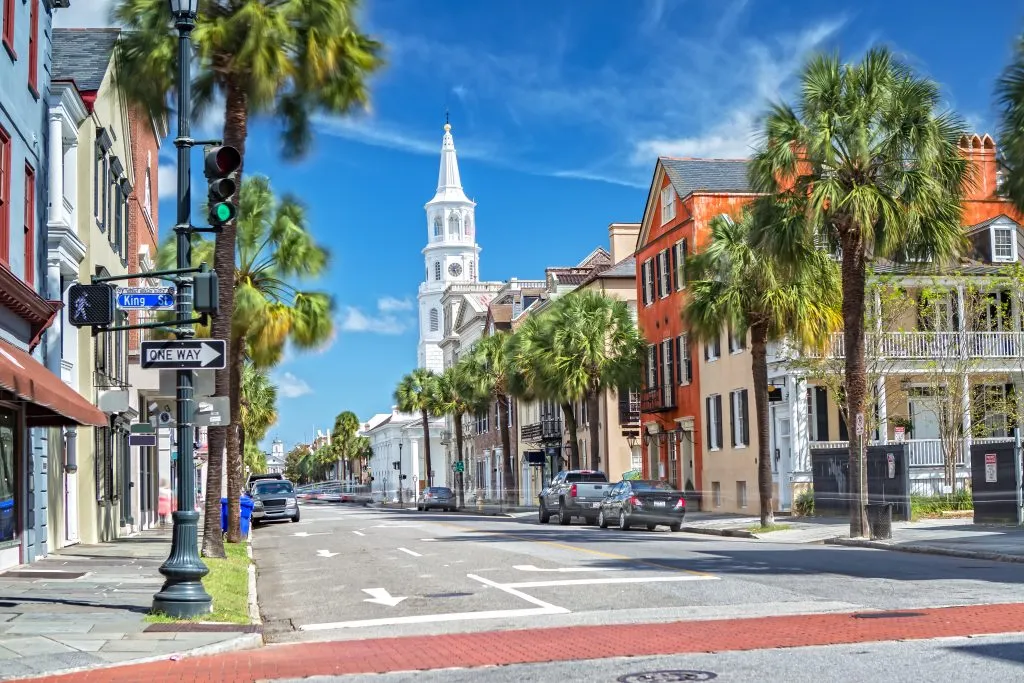 broad street charleston with st michaels church in the background, one of the best charleston instagram spots