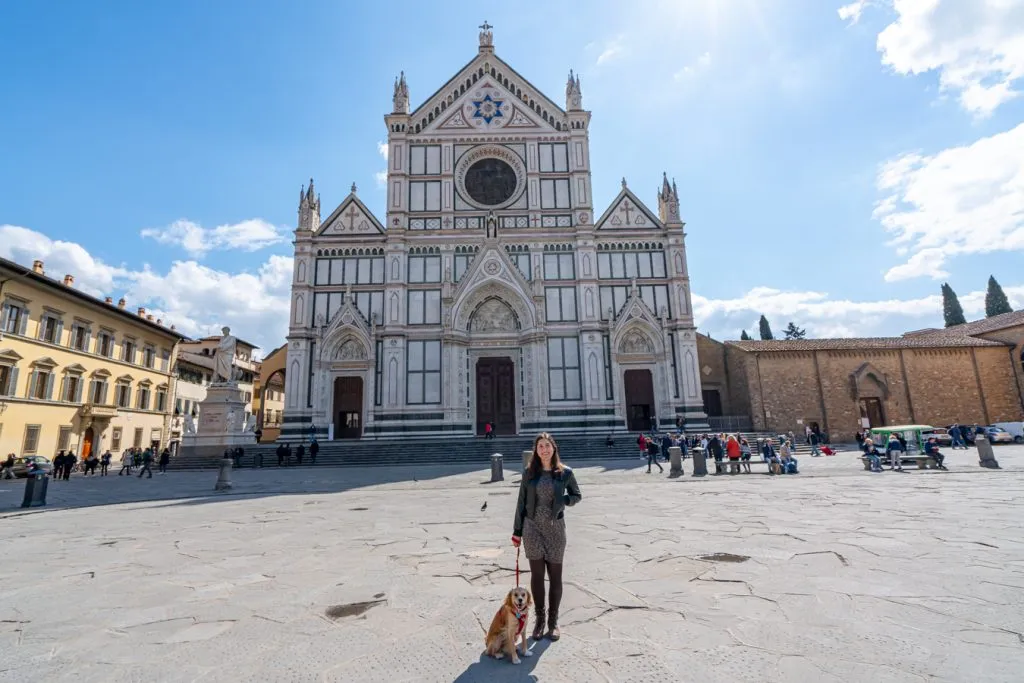 kate storm and ranger storm standing in front of santa croce, a must see on an itinerary for florence italy