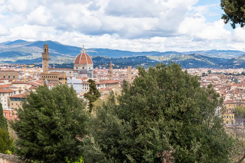 view of florence duomo from bardini gardens on a cloudy day