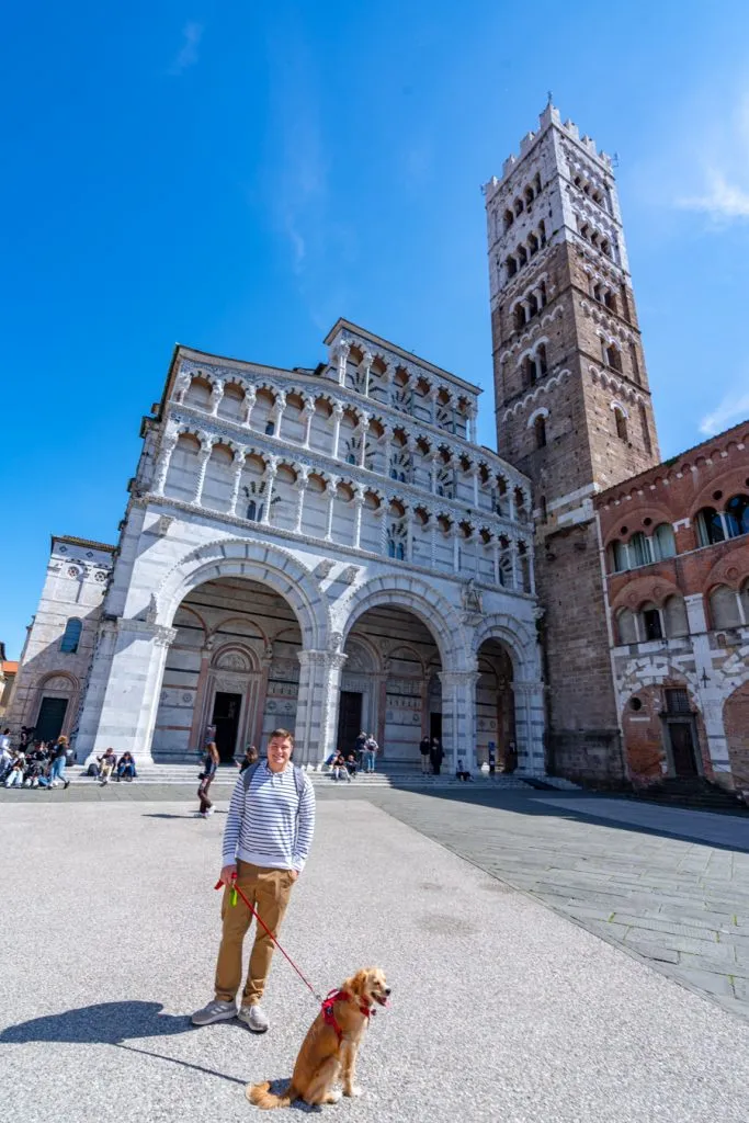 jeremy storm and ranger storm in front of st martin cathedral, one of the best attractions lucca italy