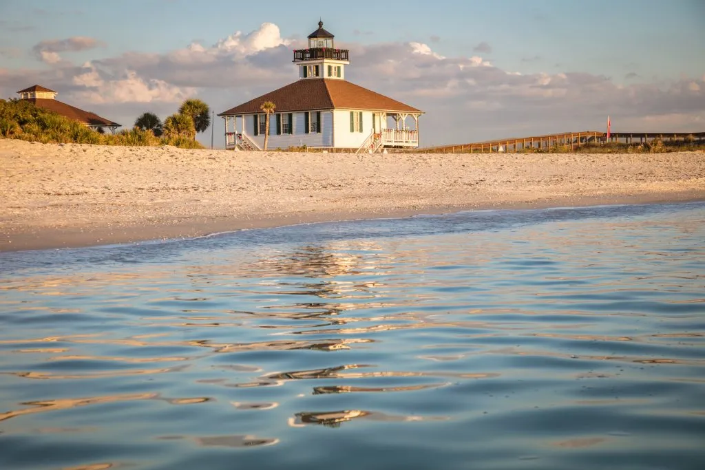 port boca grande lighthouse in florida at sunset, a fun stop on a usa south road trip