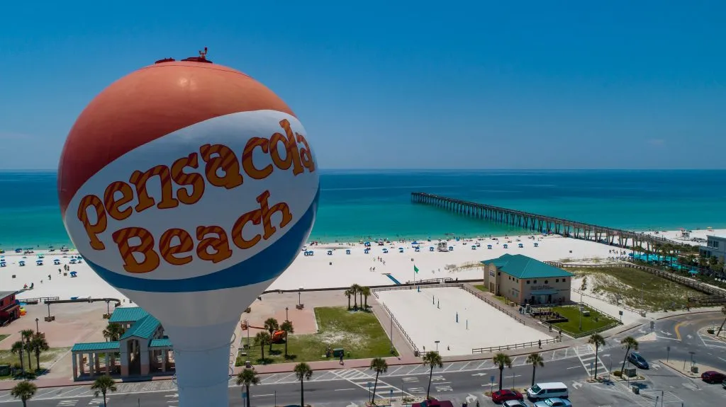 pensacola beach water tower with beach visible in the background