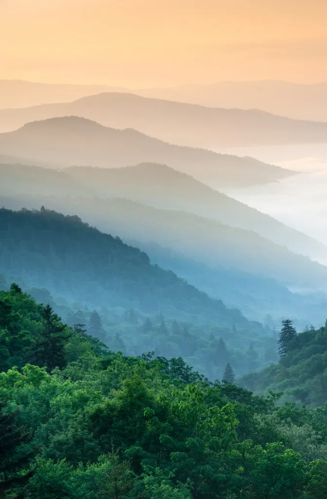 view of great smoky mountains sunset from newfound gap road trip south usa