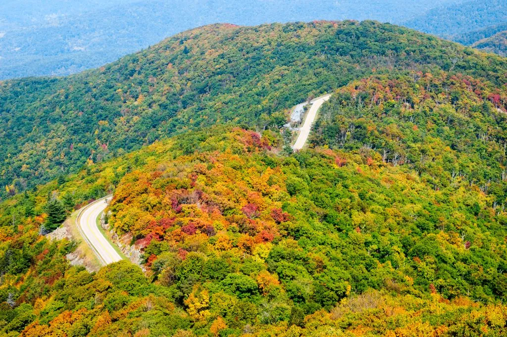 road through shenandoah national park from above in early fall, one of the best road trips in south usa