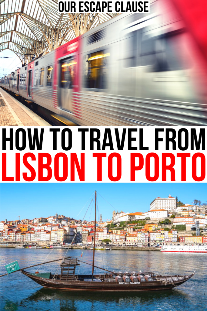 photo of portugal train and porto skyline, black and red text reads "how to travel from lisbon to porto"