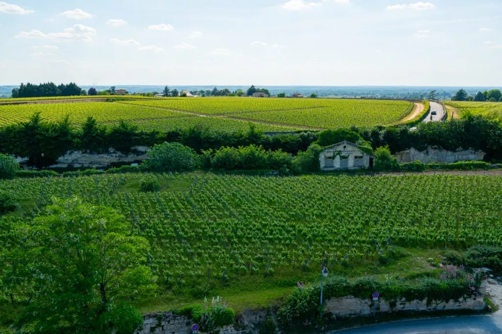 view of ruins of ursulines convent from above in st emilion france