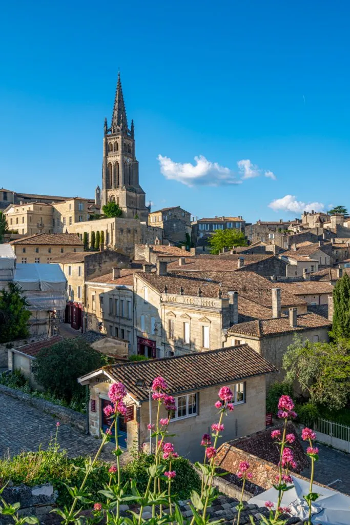 view of the best things to do in saint emilion from kings keep with pink flowers in foreground
