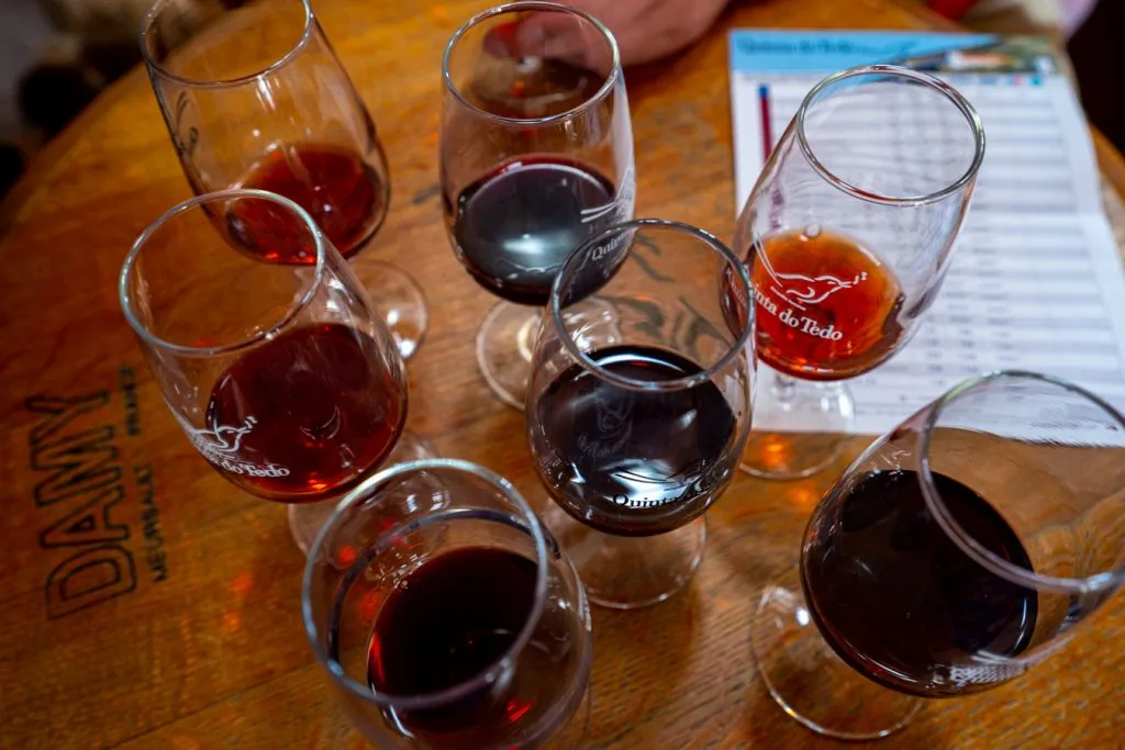 collection of port glasses at a tasting in porto portugal