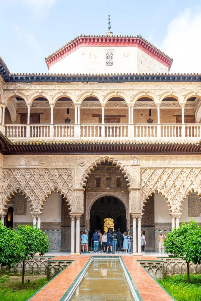 courtyard view in the royal alcazar of seville, one of the best things to do in seville in 24 hours