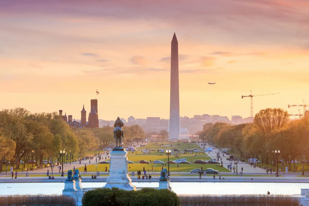 sunset on the national mall in washington dc facing the washington monument, one of the best places to visit on the east coast america