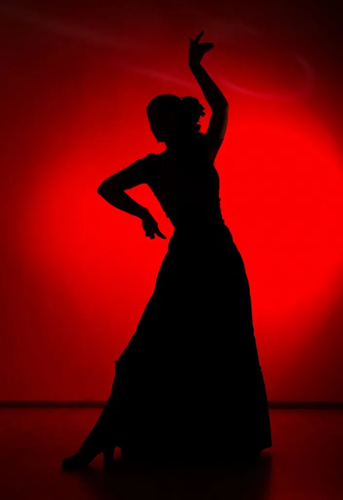 silhouette of a flamenco dancer framed by red
