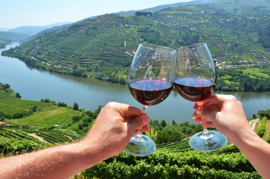 two glasses of wine being held out in front of the douro valley portugal