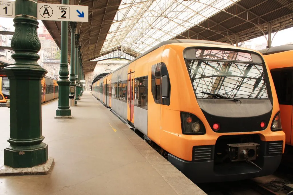 yellow train parked at porto sao bento train station