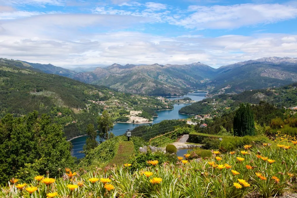 view of peneda geres national park from above with lima river in center