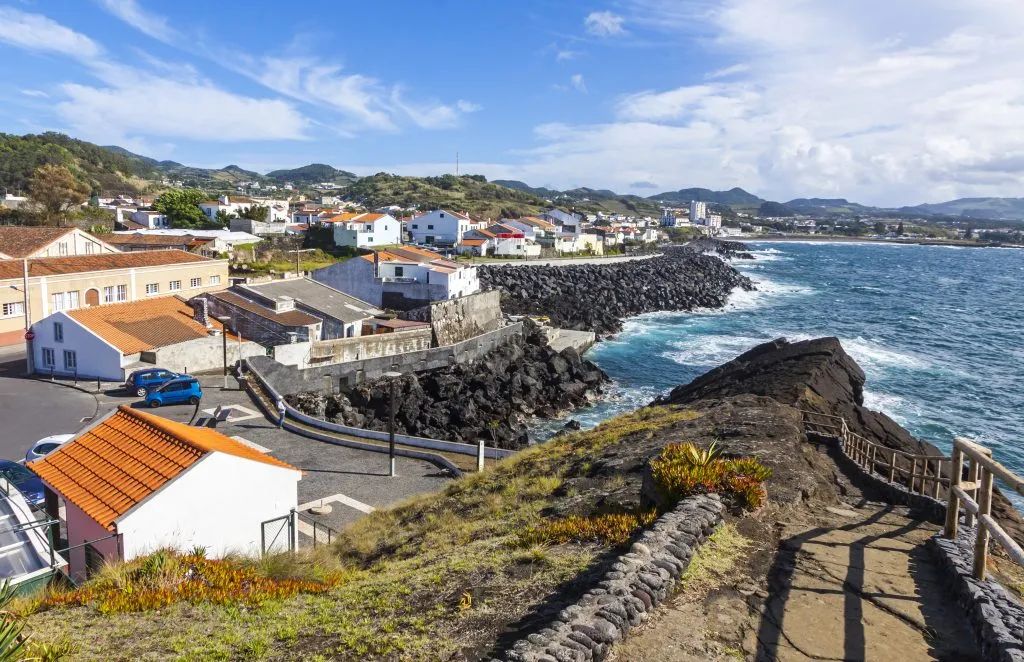 view of ponta delgada with ocean on the right side