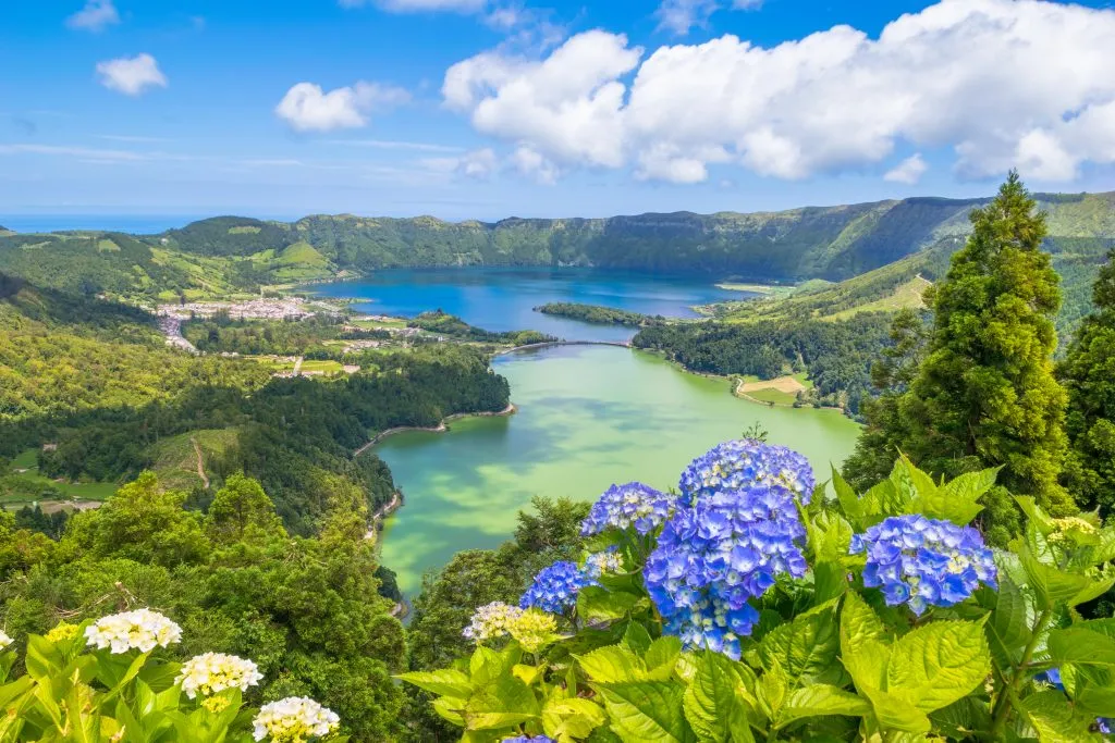 lake filling ancient volcano in azores portugal