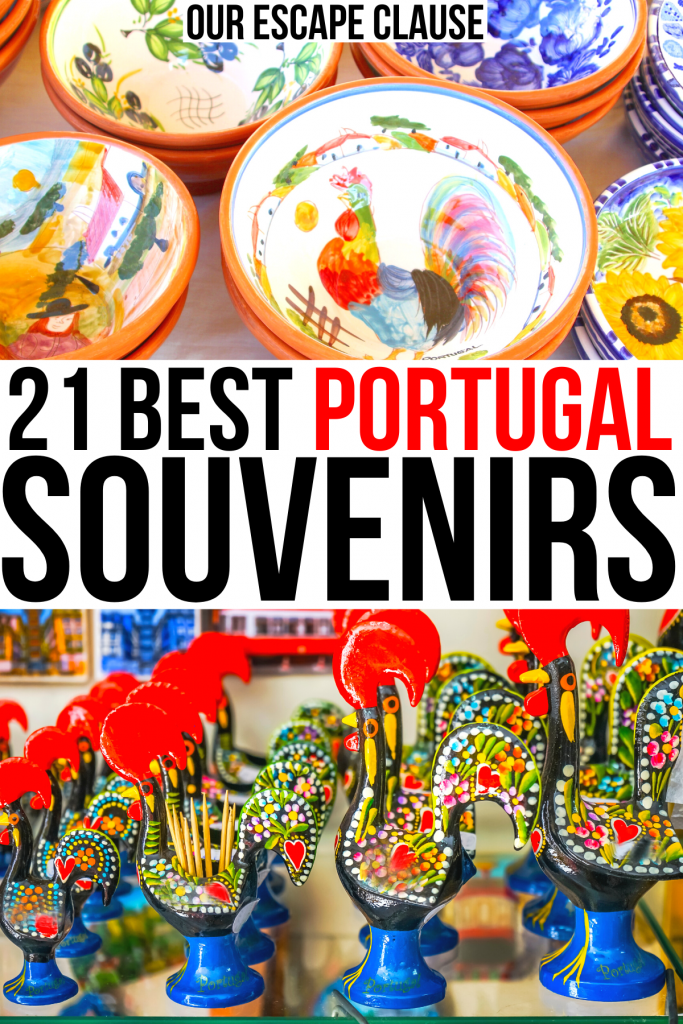 2 photos of what to buy in portugal, ceramics and barcelos rooster. black and red text reads "21 best portugal souvenirs"