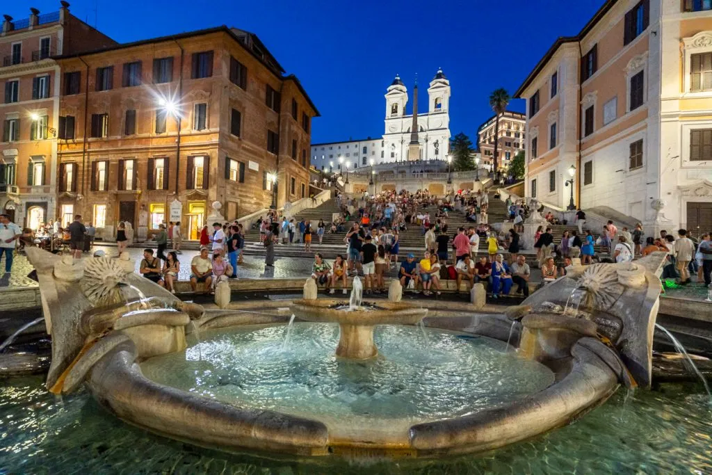 crowded spanish steps in rome at night