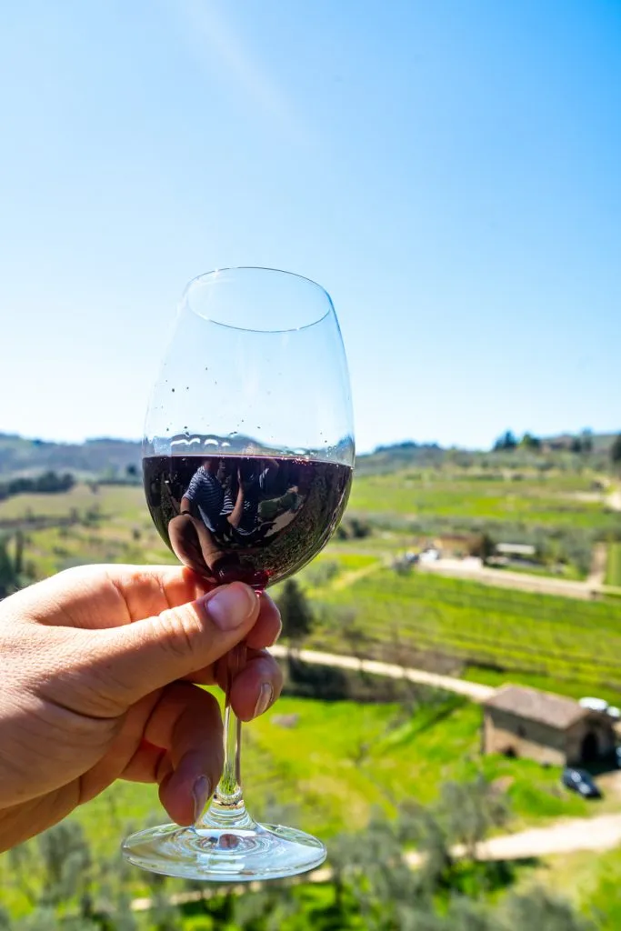 hand holding up a glass of chianti classic with vineyards in the background
