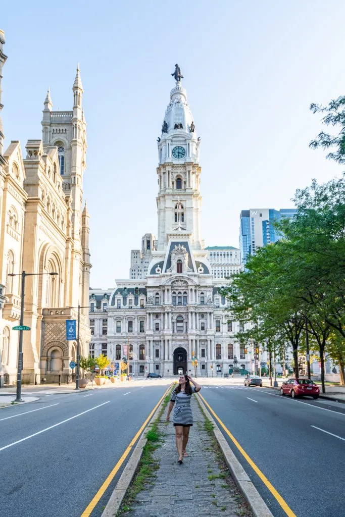 kate storm walking in front of philadelphia city hall during a 3 day weekend philly pennsylvania