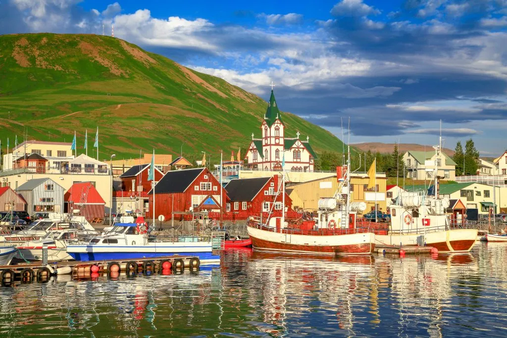 harbor of husavik as seen from the water, a fun stop on an iceland 10 day itineraries