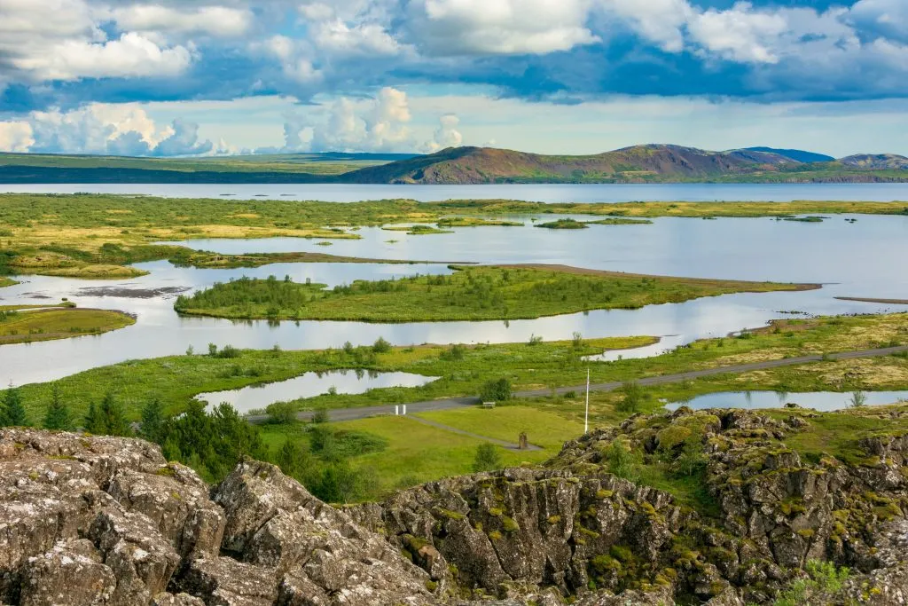 lake in thingvellir national park from above, road trip iceland golden circle