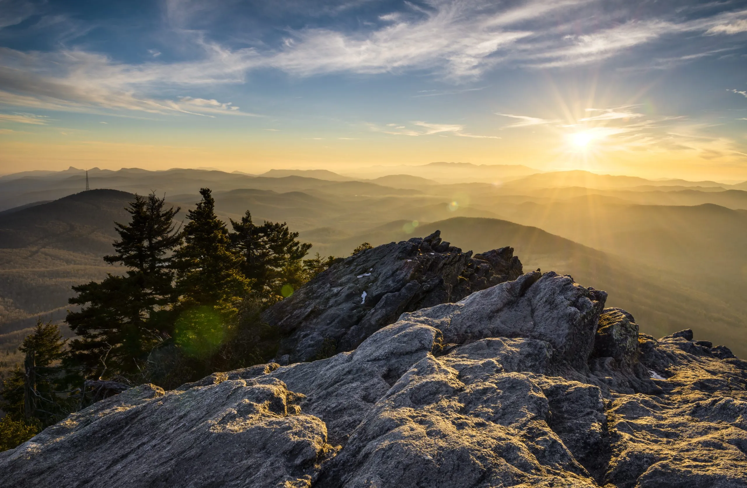 sunset view from grandfather mountain, near the best mountain towns in north carolina