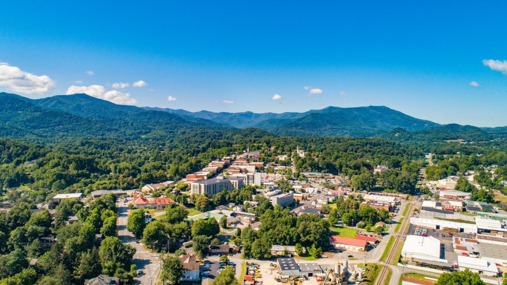 aerial view of waynesville, one of the best mountain towns nc