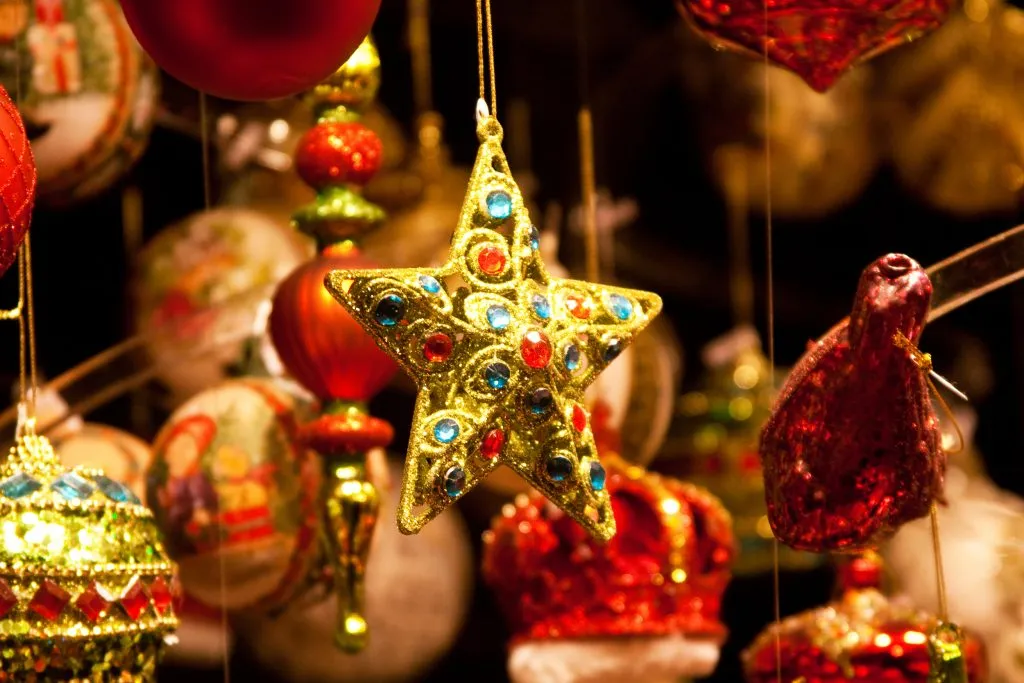 christmas ornaments for sale with star in the foreground