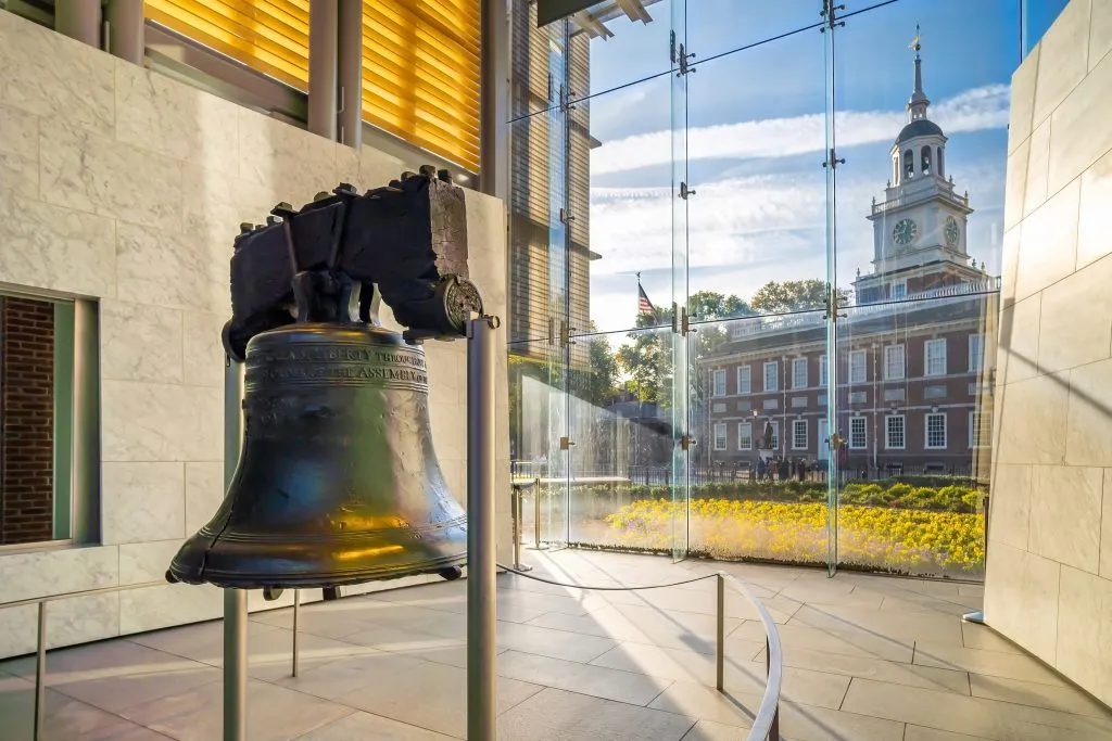 liberty bell philadelphia with independence hall visible in the background, one of the best places to visit in philadelphia