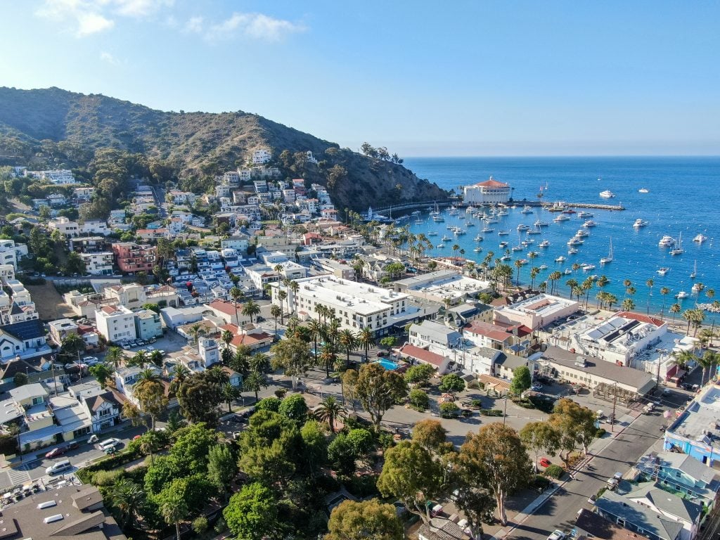 avalon ca on catalina island as seen from above, one of the most beautiful places in california to visit