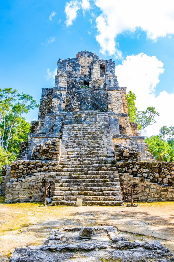 main pyramid of muyil mexico ruins as seen from the ground